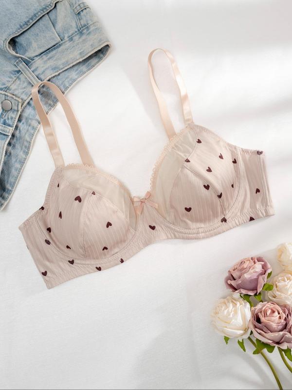 Plus Size Heart Print Bow Front Sheer Bra, Comfy Breathable Underwire Push Up Bralette for Daily Wear, Plus Size Underwear for All Seasons